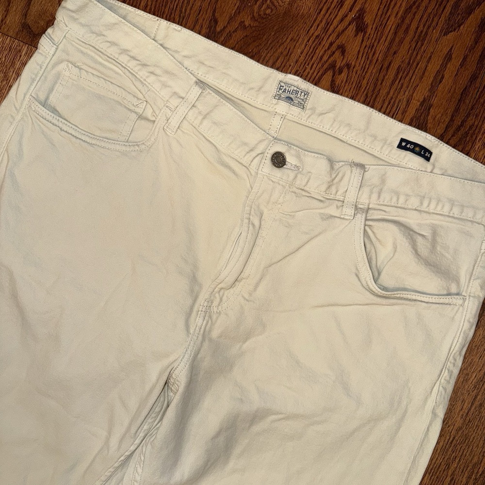 Faherty Organic Cotton Slim Straight Denim Stone Men's 40x34 Stretch Jeans Cream - Picture 3 of 6